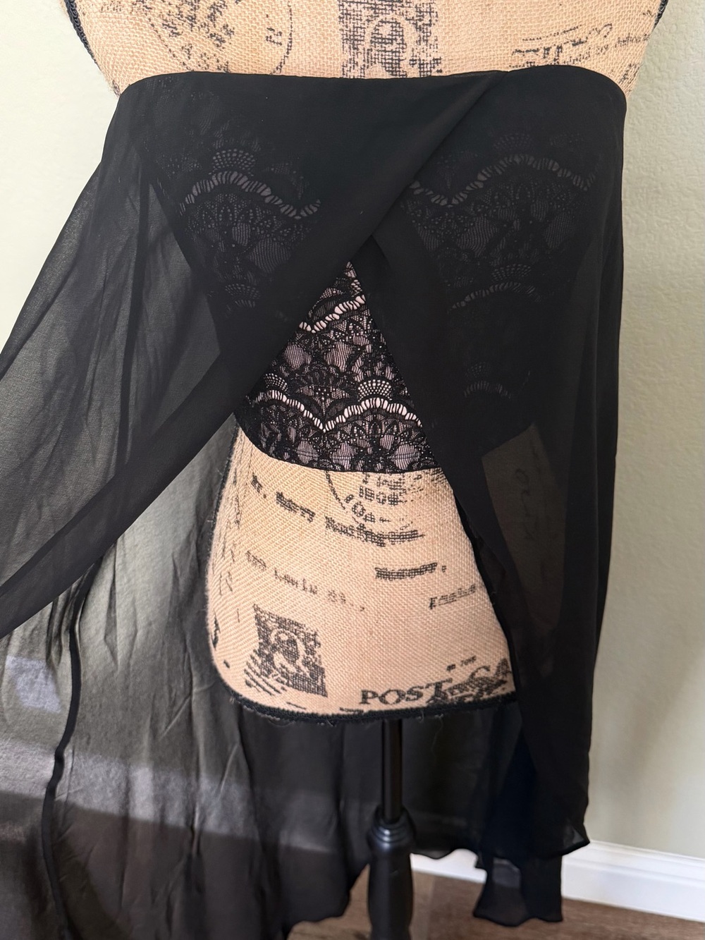Bebe Black Strapless Lace Bodice Sheer Chiffon Overlay Chemise